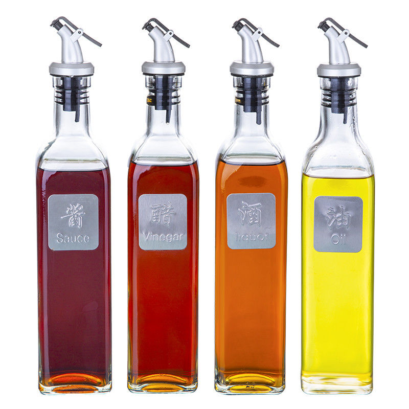 Botella vacía del aceite de oliva de la salsa del vinagre, botella cuadrada del aceite de oliva con el dispensador del aceite proveedor